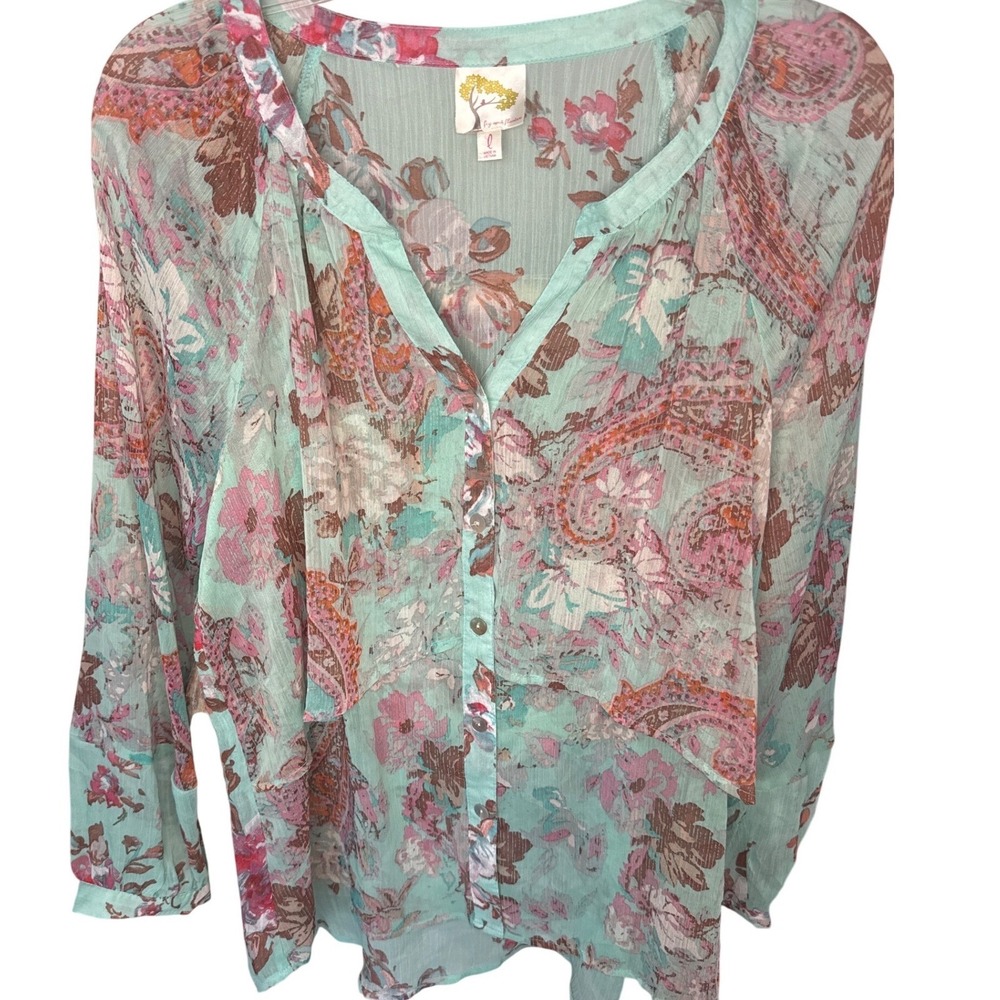 Figueroa & Flower floral sheer chiffon button-down blouse teal Size L boho chic